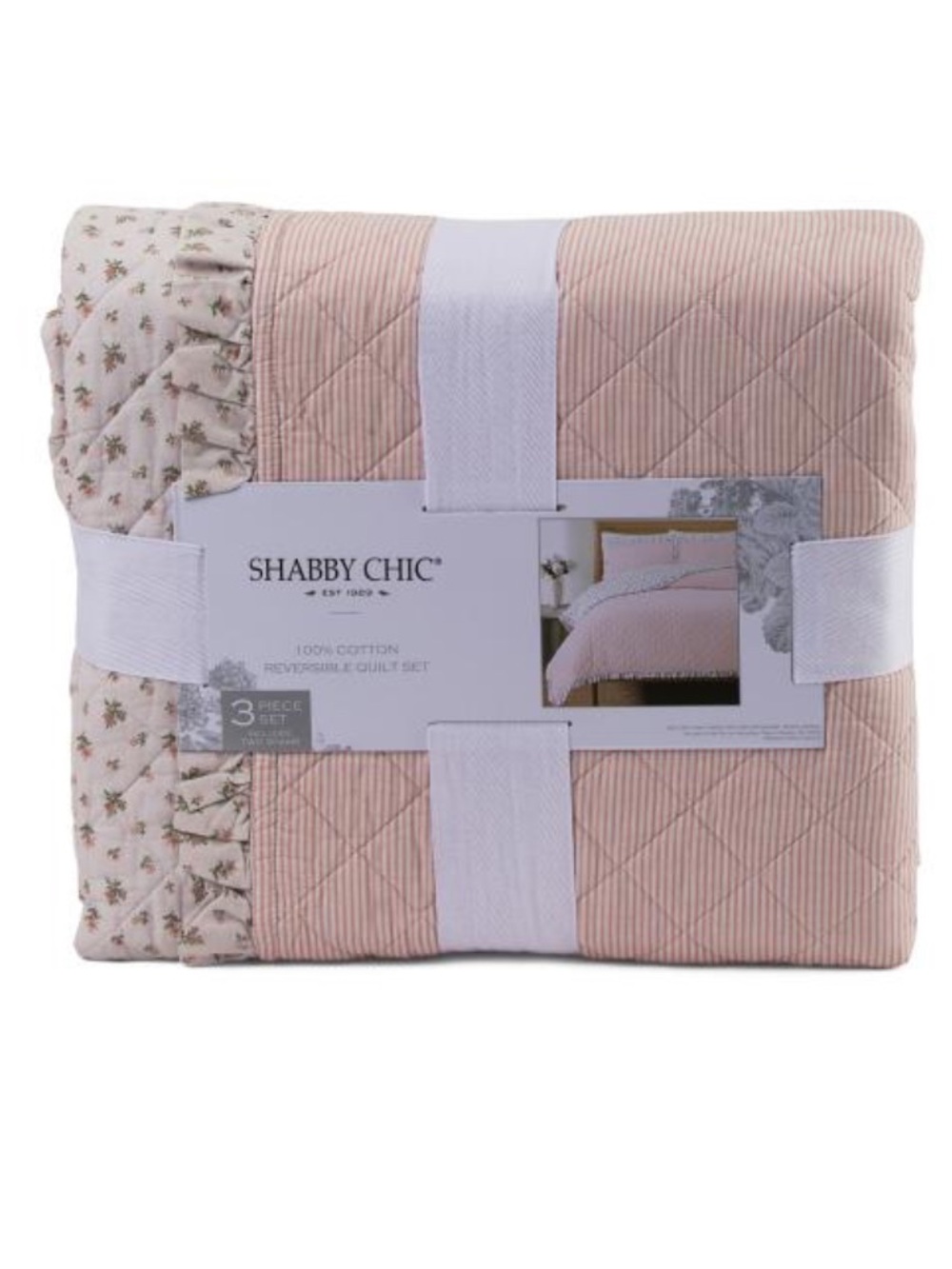 Shabby Chic Soft Pink Reversible Quilt Set with Floral Ruffle